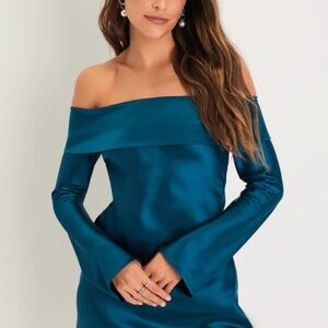 Lulu’s Teal Satin Off-the-Shoulder Mini Dress